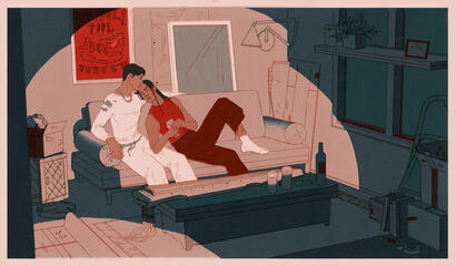 Illustration of wangxian relaxing in blue and tan living room.