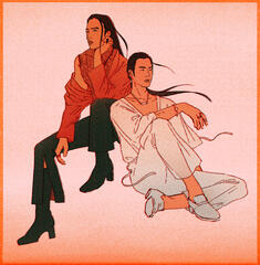Illustration of Wei Ying and Lan Zhan in fashionable clothes.