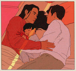 Illustration of Wei Ying, Lan Zhan, and baby A-Yuan napping.