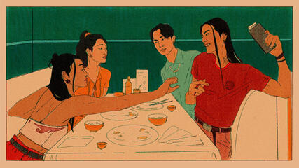 Wei Ying, Lan Zhan, Mian Mian and Wen Qing at a dinner table.