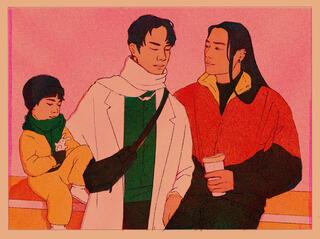 Illustration of Wei Ying, Lan Zhan, and A-Yuan in winter.