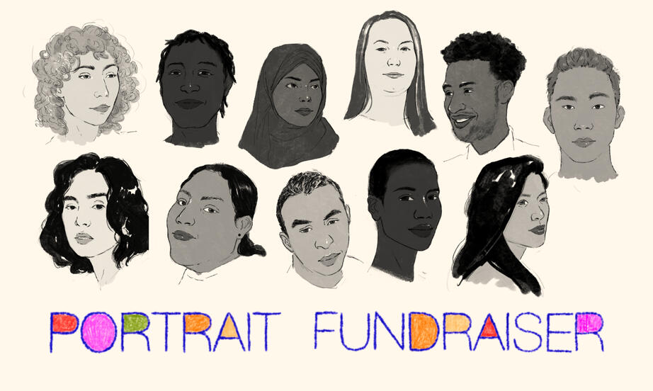 Drawn portrait with colorful text reading Portrait Fundraiser